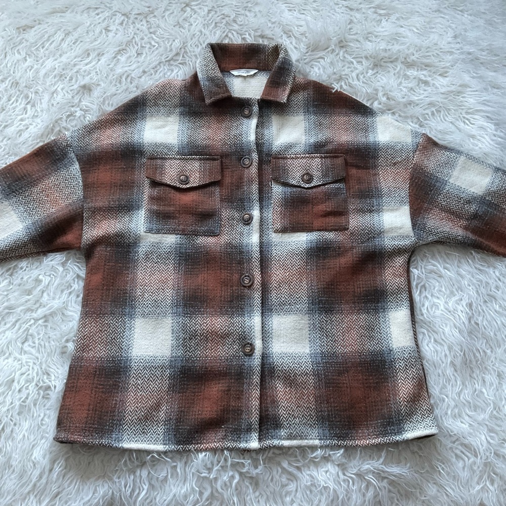 Amaryllis Brown Plaid Oversized‎ Button Down Shacket